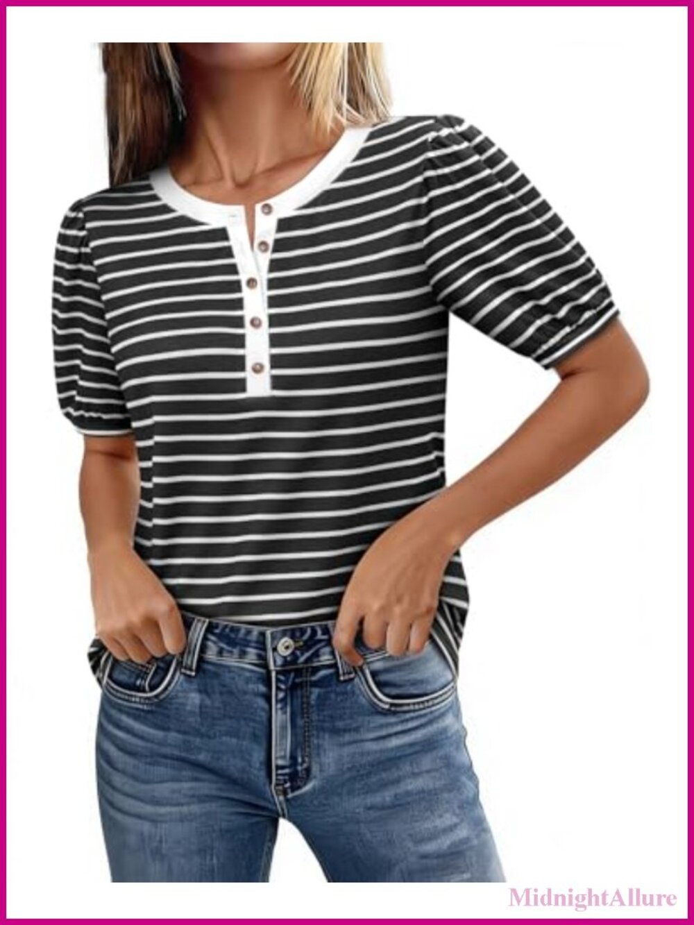 Striped Puff Sleeve Henley Blouse Women V Neck Button Up Summer Top